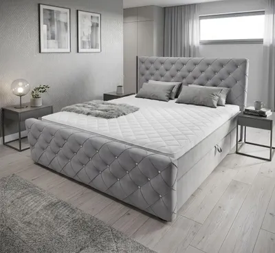 Produktbild von Boxspringbett mit kristallen CARMEN II 160x200 cm Amor Velvet 19 Grau Bett mit zwei Bettkästen und H3 Matratze,Komplett-Set mit Matratze und Topper,