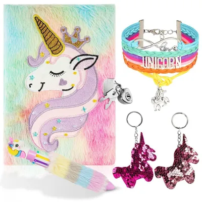 Produktbild von Einhorn Notizbuch mit Schloss A5 Plüsch Tagebuch Set für Mädchen mit Kugelschreiber Armband Schlüsselanhänger