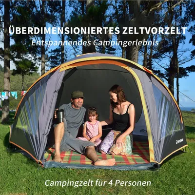 Produktbild von Zelt für 4 Personen, geeignet für 3-4 Jahreszeiten, wasserdicht (5000 mm Wassersäule), Kuppelzelt mit Vorzelt, leichtes Wanderzelt, Outdoor-Iglu-Zelt, Festivalzelt