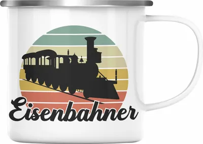 Produktbild von Trendation - Modeleisenbahn Geschenk Emaille Tasse Spruch Geschenk Geschenkidee Opa Rentner Dampflokomotive Eisenbahn Eisenbahner (Silber)
