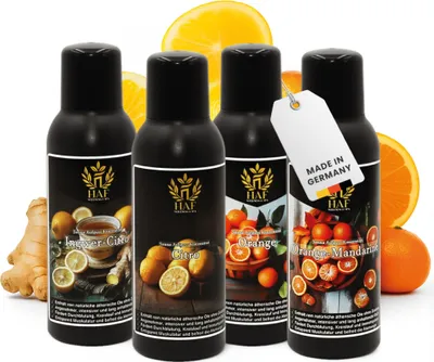 Produktbild von HAF Saunaaufguss Set „Zitrusfrüchte“ - 4 x 250ml Sauna Aufgussmittel Citro, Ingwer-Citro, Orange, Orange Mandarine