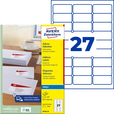 Produktbild von Avery Zweckform J4792-25, Adress-Etiketten, A4, 63,5 x 29,6 mm, 675 Etiketten / 25 Bögen, weiß