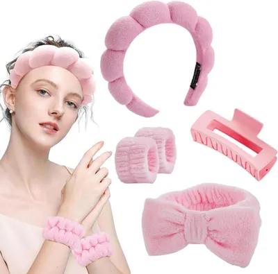 Productafbeelding van Make-up haarband 5 stuks, roze, verstelbaar, voor gezichtsreiniging