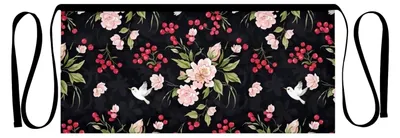 Produktbild von Vintage-Stil Taillenschürze mit Blumenmuster, Vögeln und Beeren, schwarz, für Männer und Frauen, kurze Kellnerschürze, Gartenschürze mit 3 Taschen