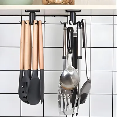 Produktbild von PolkaHome® 2 Stück 360° drehbare Küchenhelferhalter mit 6 Haken, ohne Bohren, Aufbewahrungsregal für Küche/Bad/Garderobe (schwarz)