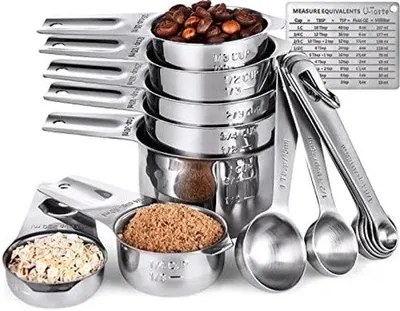 Obrázek produktu pro Sada 15 kusů odměrných a jídelních lžic z nerezové oceli 18/8, 7 odměrných lžic se širokou rukojetí a 7 jídelních lžic (čajových a polévkových) se 2 D-kroužky a 1 magnetickou tabulkou pro přepočet objemů, stříbrná