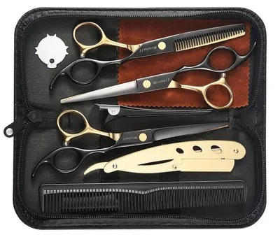 Immagine prodotto di Set di forbici da parrucchiere, lunghezza 6,5 pollici, "Black Gold", acciaio inossidabile giapponese 440C, 27 denti, forbice di sfoltimento