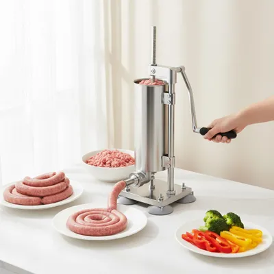 Image de 3L Remplisseur de saucisses en acier inoxydable Machine à saucisses manuelle Seringue à saucisses avec 4 tubes de remplissage de saucisses et 7 tubes en PE pour restaurant cuisine domestique Argent