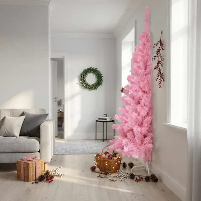 Zdjęcie produktu dla vidaXL Sztuczna pół choinka ze stojakiem Różowa 240 cm PVC