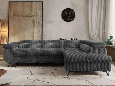 Produktbild von Couch mit Schlaffunktion L-form Ecksofa Wohnzimmersofa mit Einstellbare Kopfstützen - PABLO L - Cord - Dunkelgrau - Rechts