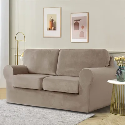 Produktbild von Samt-Stretch-Sofabezug mit separatem Rückenlehnenbezug und Sitzkissenbezug, Anti-Rutsch-Sessel-Sofa-Überzug mit Gummiband für Wohnzimmer (2-sitzer, Taupe)