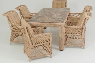 Produktbild von Casa Padrino Luxus Rattan Gartenmöbel Set Naturfarben / Beige / Braun - 1 Rattan Garten Esstisch mit Glasplatte in Marmoroptik & 6 Rattan Gartenstühle mit Armlehnen - Garten & Terrassen Möbel