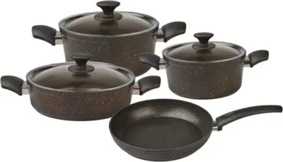 Produktbild von Karaca Biogranit Kochgeschirr Set Schwarz/Gold 7-teilig Pfannenset Bratpfanne Kochgeschirr Bratentopf Fleischtopf Stieltopf Pfanne