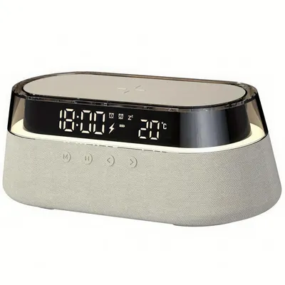 Produktbild von 6-in-1 Bluetooth Speaker, kabellose Ladestation mit Uhr, LED-Lampe, Radio & 1800 mAh Schnellladefunktion, kompatibel mit iPhone & Android