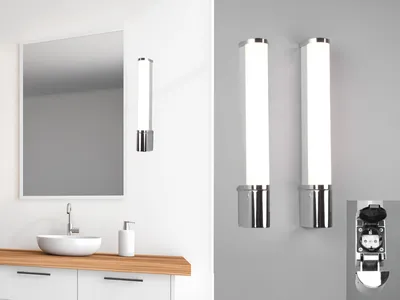 A split image showing a bathroom vanity with a mirror and sink on the left, and two wall lights with an electrical outlet on the right.