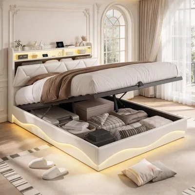 Immagine prodotto di Letto imbottito INONEFT 140x200 cm con LED e USB, letto con sistema di sollevamento idraulico e rete a doghe, moderno letto a molle per la camera da letto, in velluto, color beige