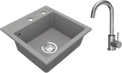 Produktbild von VBChome Granitspüle 44 x 44 cm Grau mit Armatur Einzelbecken Einbauspüle Gesprenkelt Pflegeleichtes Spülbecken mit Siphon Ideal für kleine Küchen