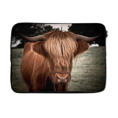 Produktbild von MuchoWow® Laptop Hülle 14 ZollSchottischer Highlander - Baum - Gras Laptoptasche - Laptoptasche - Stoßsicher - Schutzhaube