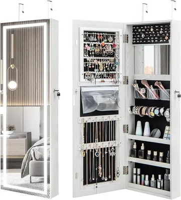 Imagen del producto de Cajonera con espejo, armario con espejo y iluminación LED, espejo de cuerpo entero, organizador de joyas con cerradura, montaje en puerta y montaje en pared, 40 x 12,5 x 120 cm, blanco