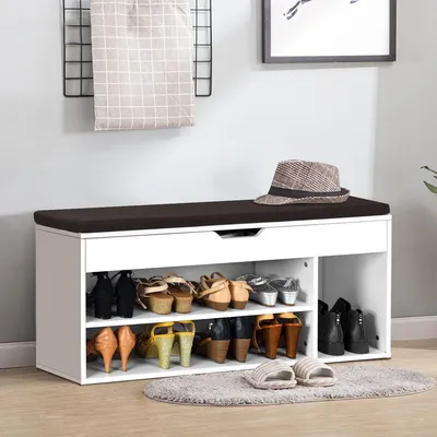 Image de Banc à chaussures commode à chaussures étagère à chaussures avec coussin d'assise bois 104 x 48 x 30 cm blanc/blanc naturel