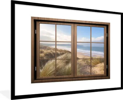 Produktbild von MuchoWow® Gerahmtes Poster Durchblick - Strand - Holz 90x60 cm - Poster mit Schwarzem Bilderrahmen Wandposter Rahmen Foto Bilder - Wanddekoration - Fotos