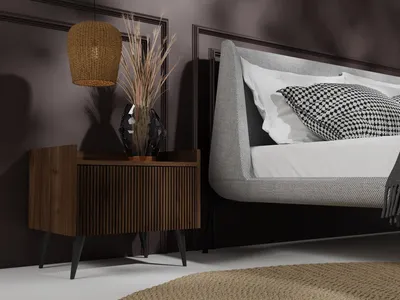 Produktbild von Nachttisch mit Rillenfront, Push-to-Open Tür, offenem Fach & hohen Metallfüßen – Nachtkonsole in Braun Walnuss Holzdekor – Skandinavisch-Minimalistisch Stil – Arysa
