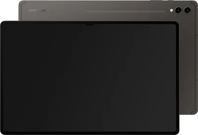 Two Samsung Galaxy Tab S9 Ultra tablets are shown, one in front of the other. The front tablet has a black screen, and the back tablet shows its rear camera and branding.