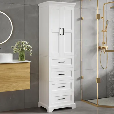 Produktbild von 60x40x180 cm, Badezimmer-Hochschrank, lackierte Oberfläche, verstellbare Einlegeböden, Auszugsschubladen, Doppeltüren, Kippsicherung, schwarze Griffe