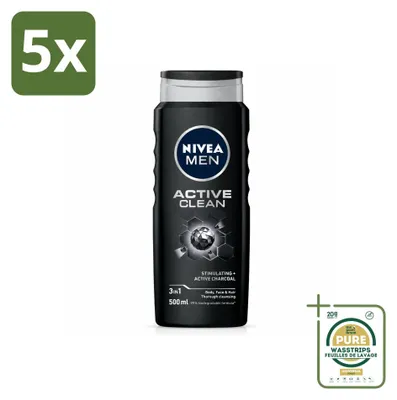 Zdjęcie produktu dla 5 sztuk żelu pod prysznic NIVEA MEN Active Clean 3w1 - 500 ml - zestaw ekonomiczny