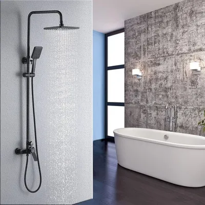 Zdjęcie produktu dla Bateria prysznicowa czarna, regulowana wysokość 90-124 cm, deszczownica, słuchawka prysznicowa