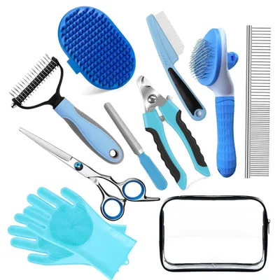 Productafbeelding van 10-delige set voor dierverzorging: borstels, nagelknipper, schaar, kammen voor honden en katten