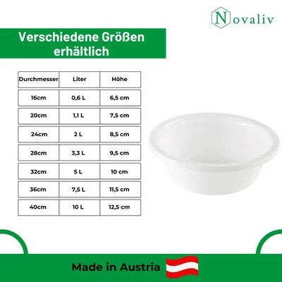 Obrázek produktu pro Novaliv 2x mísa na mytí nádobí kulatá 5 l, D32 cm, bílá, bez BPA a vhodná do myčky - ideální do kuchyně a na kempování, kulatá plastová mísa, kulatá plastová mísa, mísa na mytí nádobí, plastová mísa, plastová mísa
