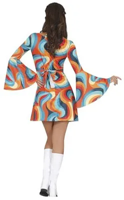 Imagen del producto de Vestido psicodélico estilo hippie de los años 70, ideal para carnaval, disfraces, festivales retro y fiestas. Diseño colorido y alegre. Talla: 36 - 38 (S). Color: Multicolor