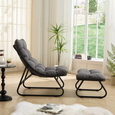 Produktbild von Outdoor Lounge Sessel mit Hocker, gepolstert, Stahlgestell, Garten Relaxstuhl, Gemütlicher Sling-Liegesessel mit dickem Polsterkissen, Dunkelgrau