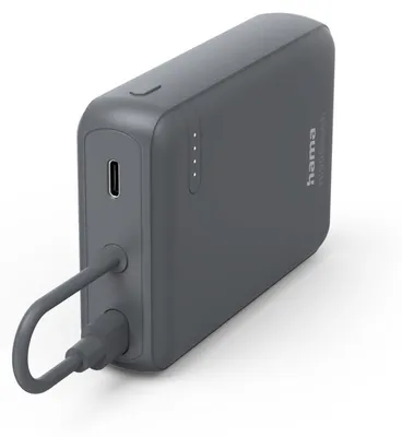 A dark gray power bank with a USB-C cable plugged into it, shown against a white background.