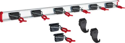 Produktbild von Bruns Gerätehalter 100 cm - 2 Schienen mit 14 Halter und 4 Haken - Gartengerätehalter, Besenhalterung Wandhalterung Spannbereich 0-50mm, schwarz/rot