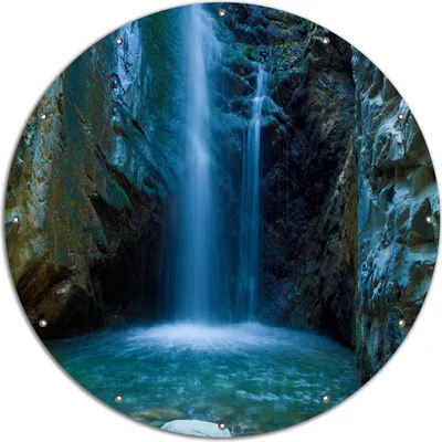 Produktbild von Wallario rundes Outdoor-Poster für Garten oder Balkon, Motiv Wasserfall bei Sonneneinfall, 120 cm Durchmesser