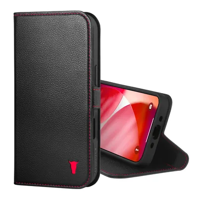 A black leather phone case with red stitching and a red bull logo is shown, with a phone inside the case.