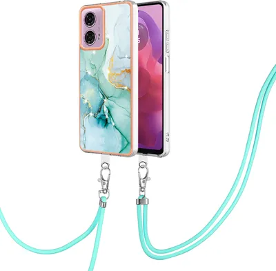 A phone case with a marble pattern and a lanyard is shown against a white background.