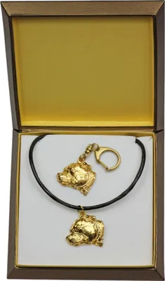Produktbild von Staffordshire Bull Terrier, Staffordshire Bullterrier III - Schlüsselanhänger und Halskette mit Hund in einer Box, vergoldetes Produkt von hoher Qualität, Marke Art-Dog