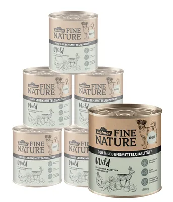 Produktbild von Dehner Fine Nature Hundefutter, Nassfutter getreidefrei / zuckerfrei, für ausgewachsene Hunde, Wild, 6 x 800 g Dose (4.8 kg)