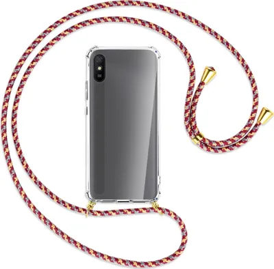 Produktbild von Handykette Backcover-Schutzhülle mit Band (Metall goldfarben) für Xiaomi Redmi 9A - weinrot/gelb/grau