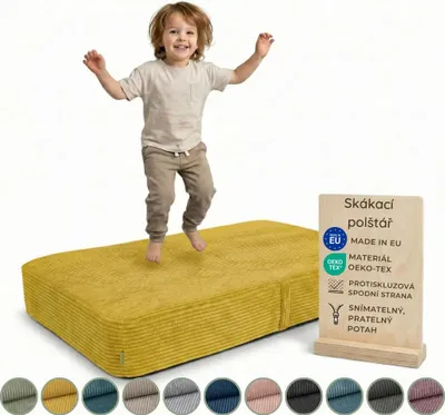 Produktbild von Pillows24 – Hüpfpolster für Kinder | Hüpfkissen 70x110x17 cm | Federn & Schaumstoff | Kindertrampolin für Zuhause | Hüpfmatte | abnehmbarem Cordbezug