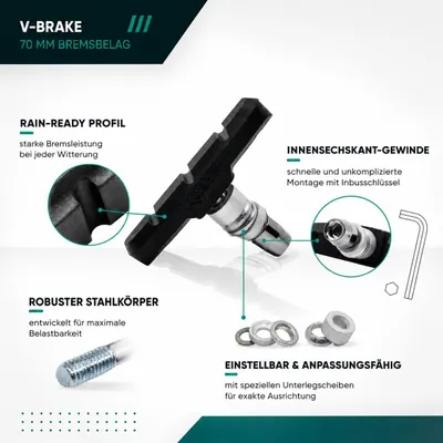 Immagine prodotto di set di freni per bicicletta da 20 pezzi per Shimano | 10 paia di ganasce nere per la bicicletta | V-brake 70mm V-brake simmetrico | pattini per freni | pattini per freni | set di ganasce per freni | pattini per freni V-brake | ganasce per freni MTB