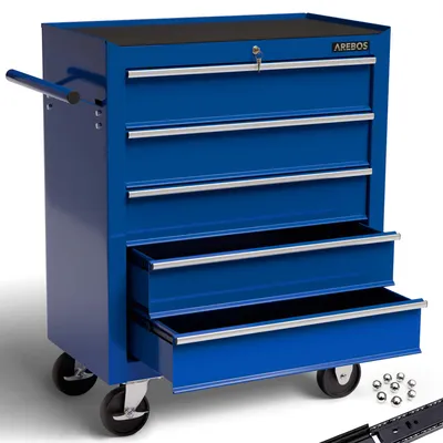 Arebos 3-Compartment Service Trolley | Workshop & Tool Cart | Wheeled Transport & Storage | Multifunctional Shelf | All-Purpose Trolley | Red/Black