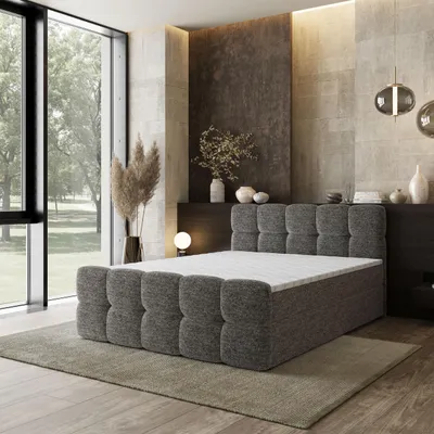 Produktbild von Masseno Boxspringbett BRUME 180x200 cm Komplett-Set mit Bonell Matratze und Topper, Polsterbett mit Bettkästen -Grau, BELLA 20