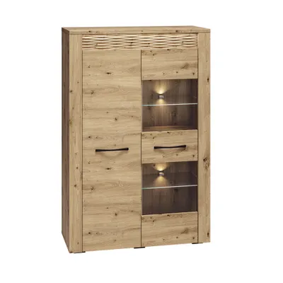 A product shot of a wooden cabinet with glass shelves and drawers.
