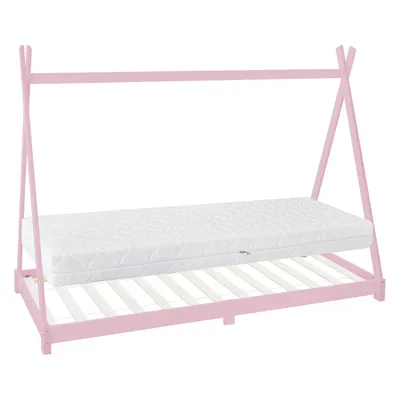Produktbild von ML-Design Kinderbett Tipi 90x200 cm mit Matratze & Lattenrost, Rosa, Indianer Bett aus Kiefernholz Bodenbett Holzbett