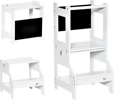 Produktbild von HOMCOM Lernturm für Kinder ab 3 Jahren, 2-in-1 Lernhocker aus Holz mit Tafelpedal und Sicherheitsstange, für Badezimmer, Küche, 42 x 44 x 86 cm, Weiß