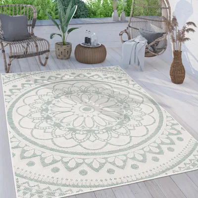 Image de Tapis d'extérieur résistant aux intempéries et robuste Motif mandala bohème Facile d'entretien Tissage plat Dimensions 120 x 160 cm